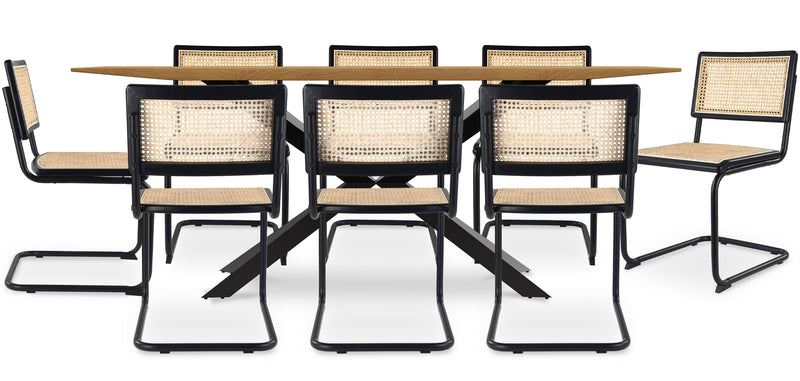 Pack Table à manger design industriel en bois (220cm) & 8 chaises de salle à manger en rotin - Bastral