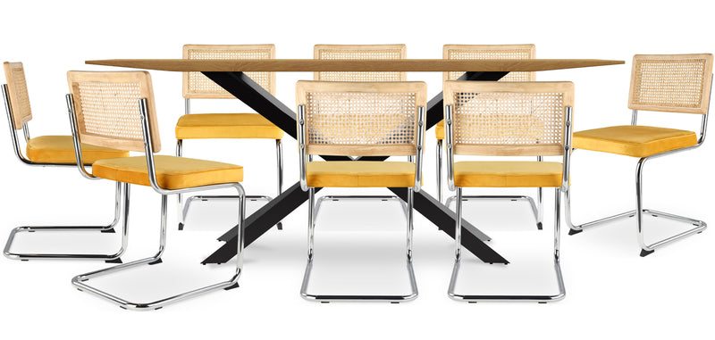 Pack Table à manger design en bois (220cm) & 8 chaises de salle à manger en rotin - tapisserie en velours - Martha