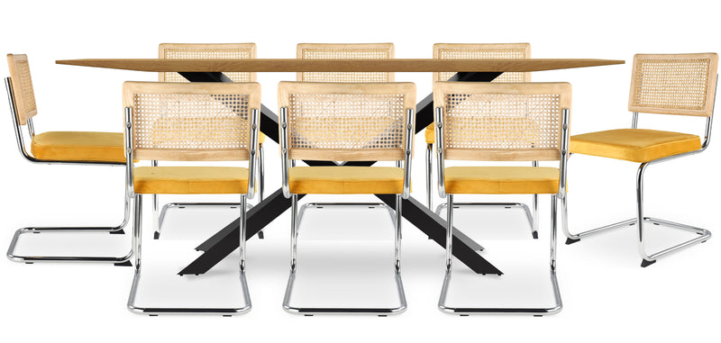 Pack Table à manger design en bois (220cm) & 8 chaises de salle à manger en rotin - tapisserie en velours - Martha