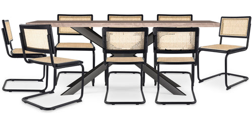 Conjunto de mesa de madeira industrial (200cm) e 8 cadeiras de rattan entrançado e madeira preta - Bastral