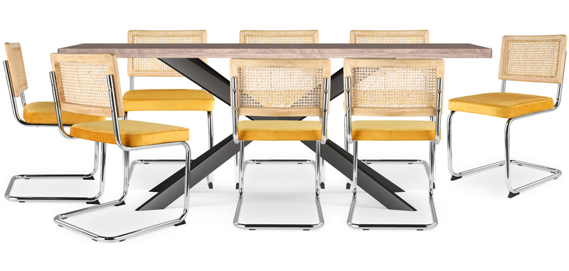 Pack Table à manger design en bois (200cm) & 8 Chaises à manger en rotin - Tapisserie en velours - Martha