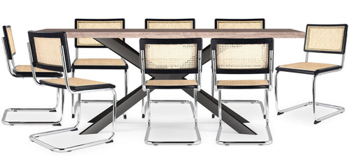 Conjunto de mesa de madeira industrial (200cm) e 8 cadeiras de rattan entrançado - Bruna