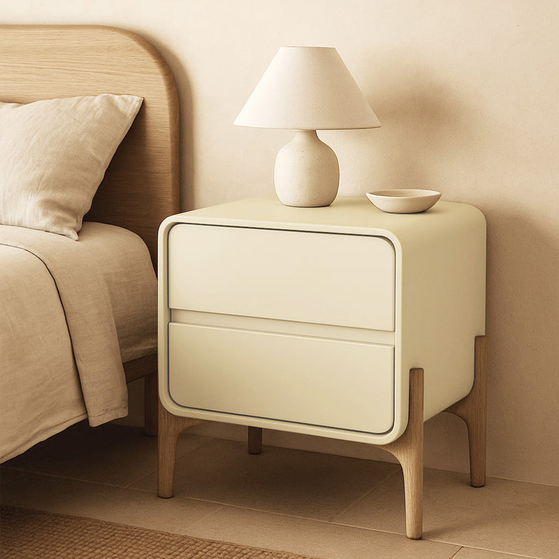 Modern Scandi nightstand covered in faux leather with 2 drawers and natural wood legs - Bennis - gallery 6