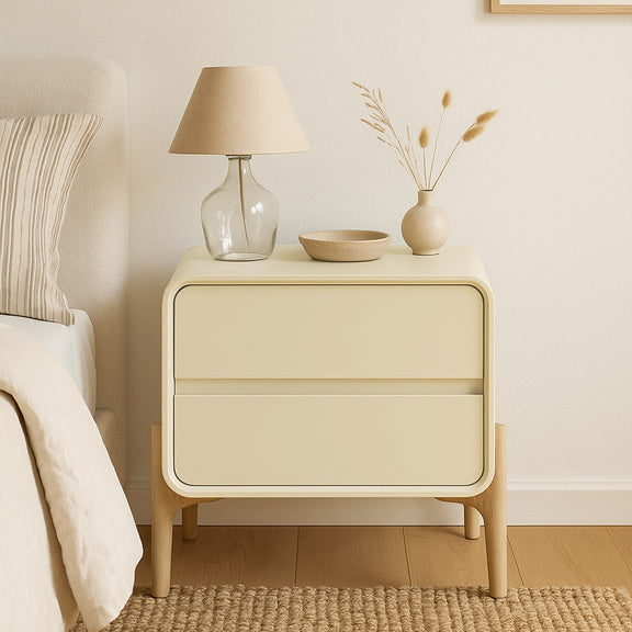 Modern Scandi nightstand covered in faux leather with 2 drawers and natural wood legs - Bennis - gallery 2