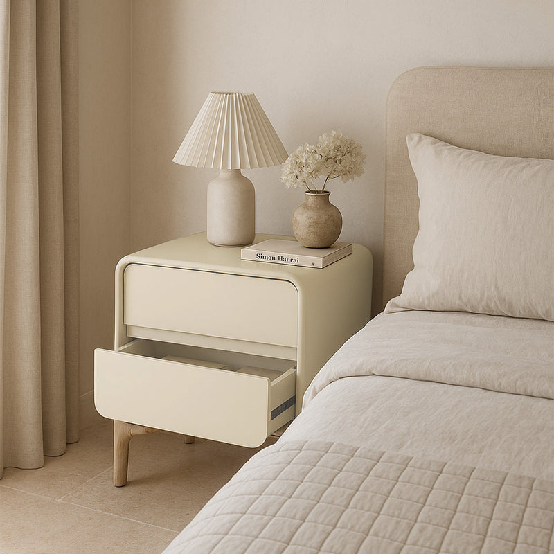 Modern Scandi nightstand covered in faux leather with 2 drawers and natural wood legs - Bennis - gallery 4