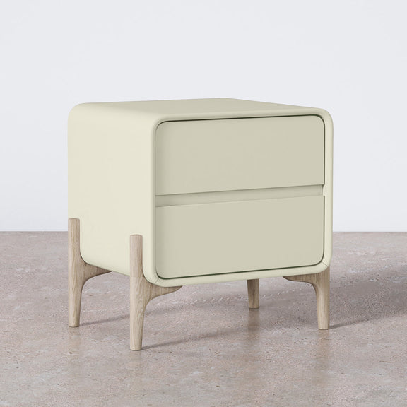 Modern Scandi nightstand covered in faux leather with 2 drawers and natural wood legs - Bennis - gallery 3