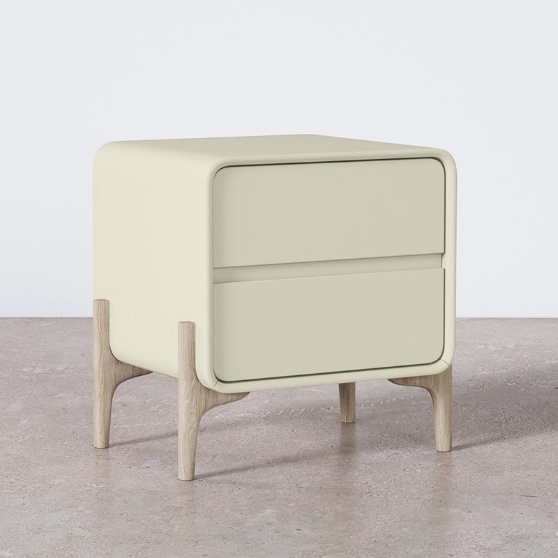 Modern Scandi nightstand covered in faux leather with 2 drawers and natural wood legs - Bennis - gallery 3