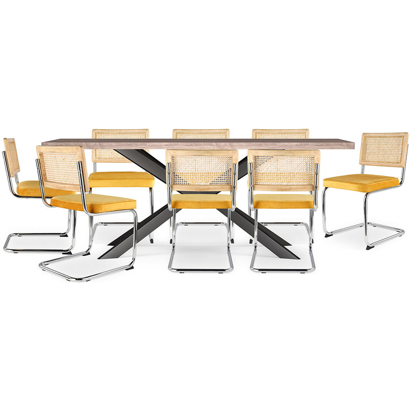 Conjunto de mesa de madeira industrial (200cm) e 8 cadeiras de rattan e veludo entrançado - Martha