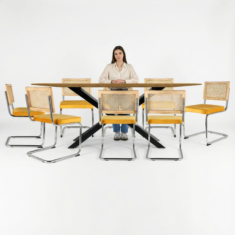 Conjunto de mesa de madeira industrial (220cm) e 8 cadeiras de rattan e veludo entrançado - Martha