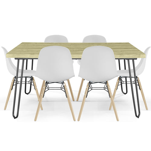 Set Table Hairpin (90x150 cm) + 6 Dining Chairs Nordic Skögur