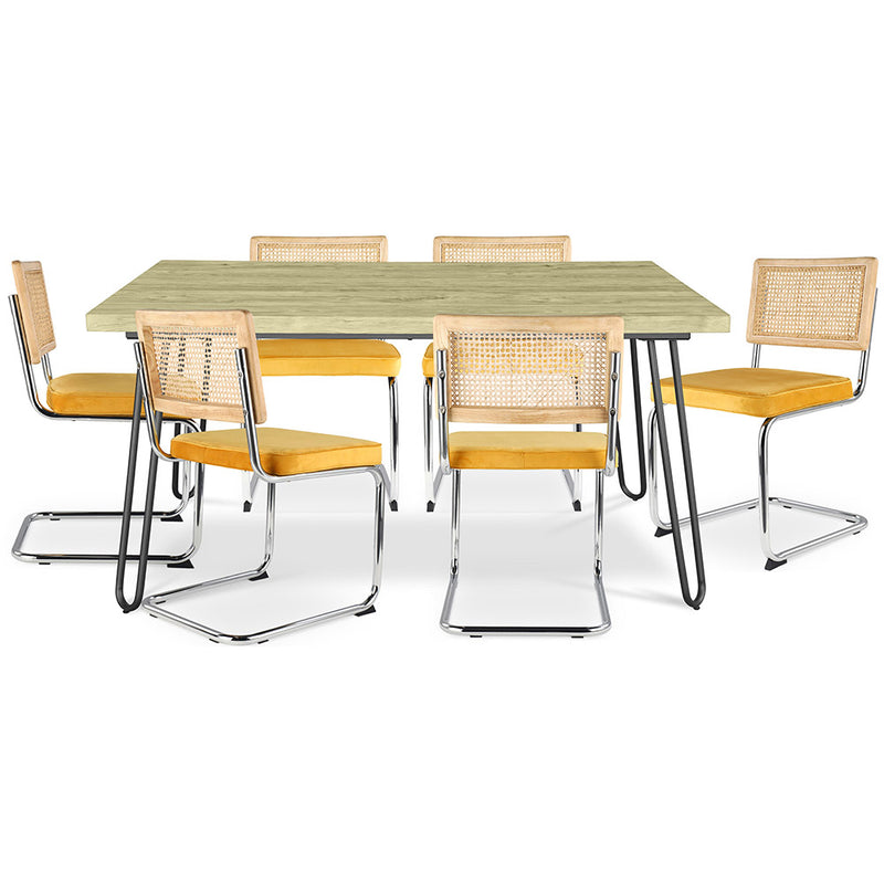 Conjunto de mesa de jantar Hairpin 150x90 e 6 cadeiras de rattan entrançado preto e veludo - Martha
