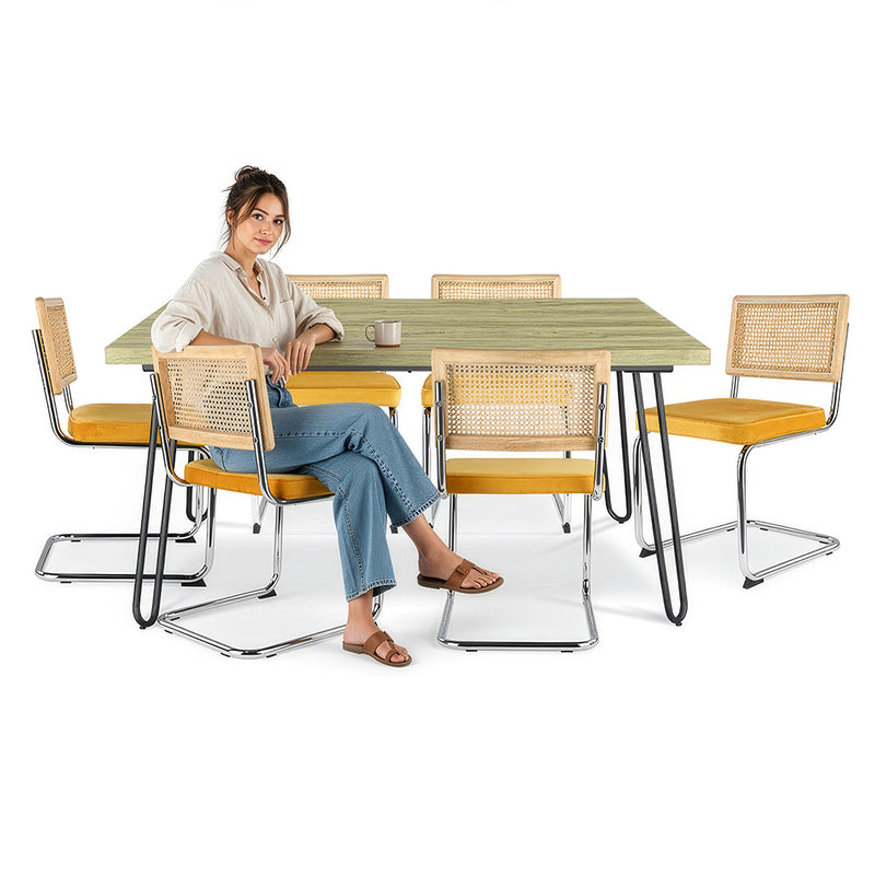 Conjunto de mesa de jantar Hairpin 150x90 e 6 cadeiras de rattan entrançado preto e veludo - Martha