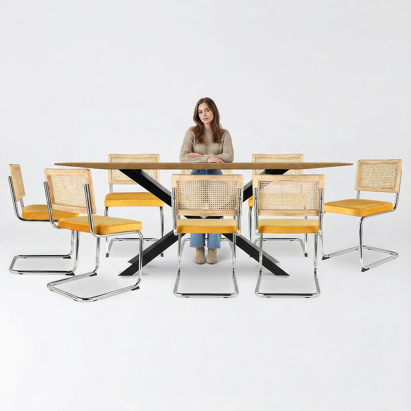 Conjunto de mesa de madeira industrial (200cm) e 8 cadeiras de rattan e veludo entrançado - Martha