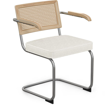 Chaise de salle à manger avec accoudoirs En Bouclette Fausse Fourrure Tapissée - Boucles Blanches- Bois et rotin - Birey