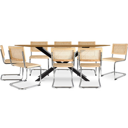 Pack Table à manger design en bois (220cm) & 8 chaises de salle à manger en rotin - Bruna