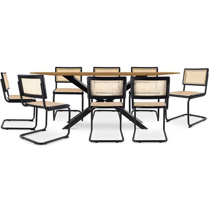 Pack Table à manger design industriel en bois (220cm) & 8 chaises de salle à manger en rotin - Bastral