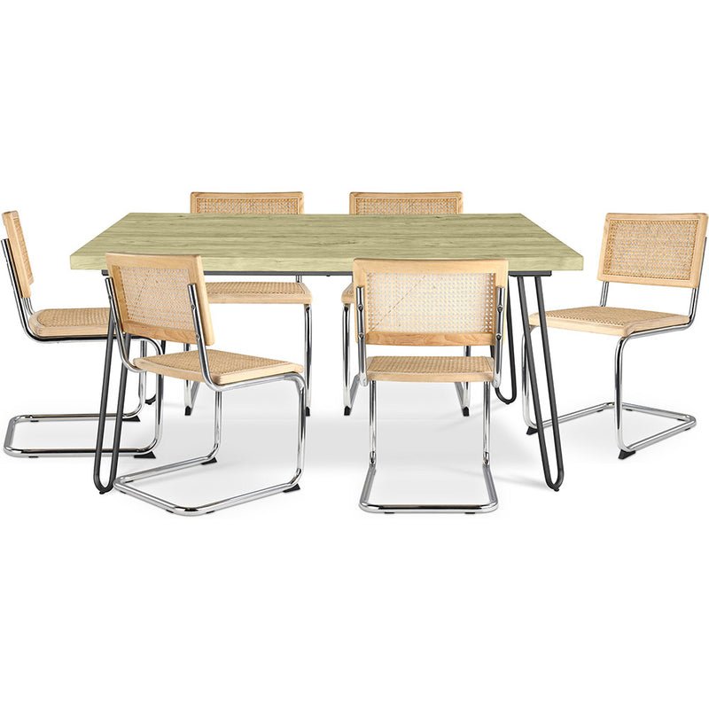 Pack Table à manger design industriel 150cm & 6 Chaises à manger en rotin - Bruna