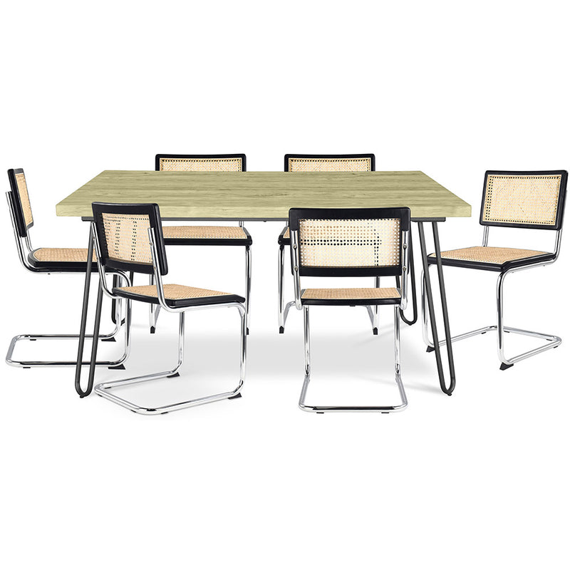 Pack Table à manger design industriel 150cm & 6 Chaises à manger en rotin - Bruna