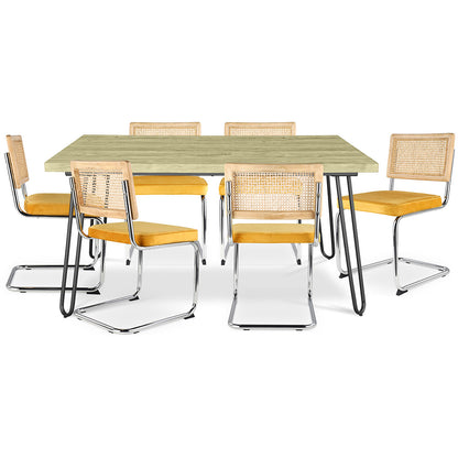 Pack Table à manger design industriel 150cm & 6 Chaises à manger en rotin - Tapisserie en velours - Martha