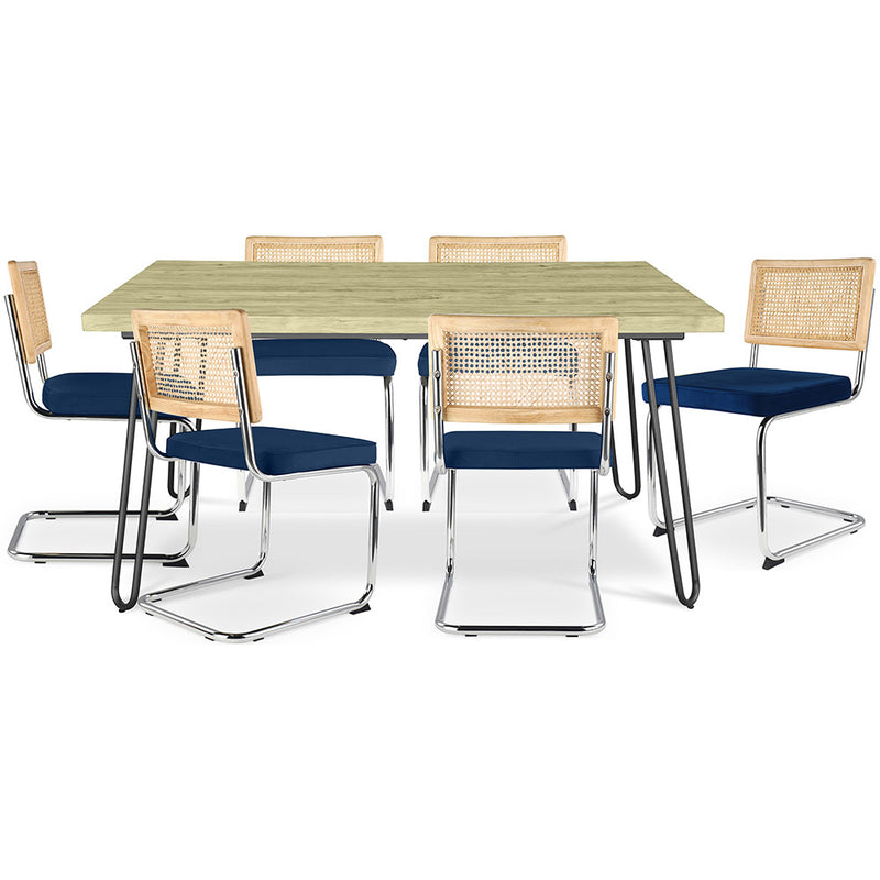 Pack Table à manger design industriel 150cm & 6 Chaises à manger en rotin - Tapisserie en velours - Martha