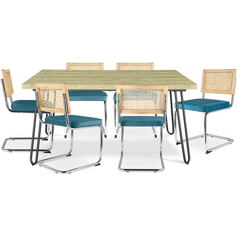 Pack Table à manger design industriel 150cm & 6 Chaises à manger en rotin - Tapisserie en velours - Martha