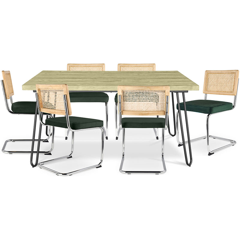 Pack Table à manger design industriel 150cm & 6 Chaises à manger en rotin - Tapisserie en velours - Martha
