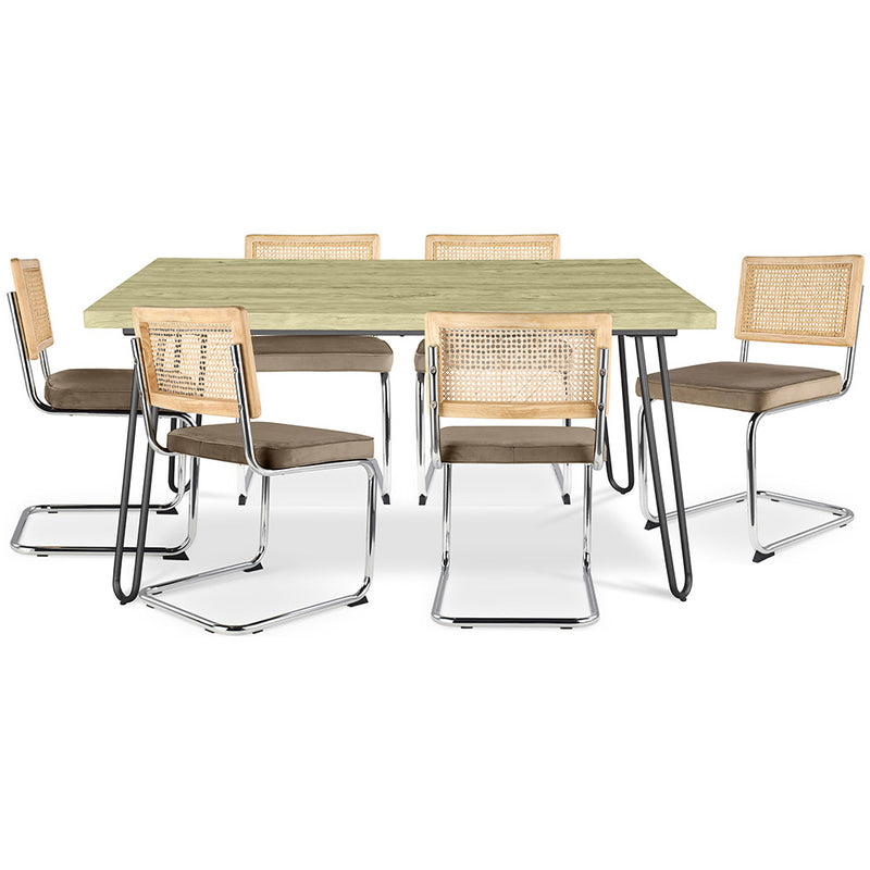 Pack Table à manger design industriel 150cm & 6 Chaises à manger en rotin - Tapisserie en velours - Martha