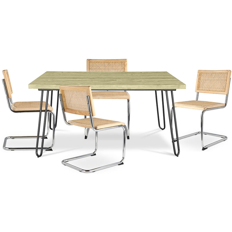 Pack Esstisch im Industriedesign 120cm & 4 Esszimmerstühle aus Rattan - Bruna