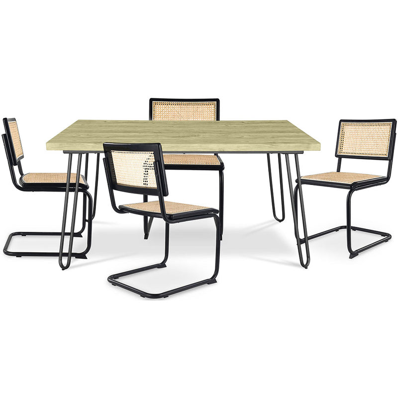 Pack Table à manger design industriel 120cm & 4 Chaises à manger en rotin - Bastral