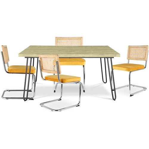Pack Table à manger design industriel 120cm & 4 chaises à manger en rotin - tapisserie en velours - Martha