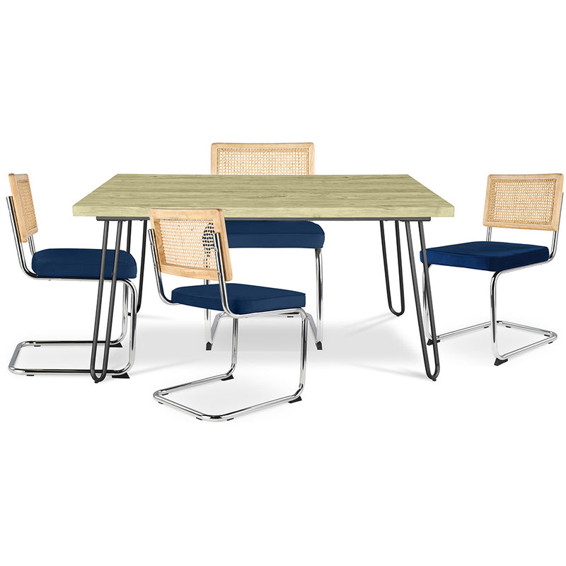 Pack Table à manger design industriel 120cm & 4 chaises à manger en rotin - tapisserie en velours - Martha