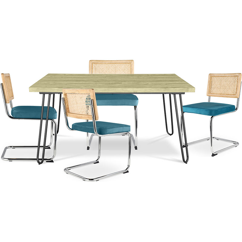 Pack Table à manger design industriel 120cm & 4 chaises à manger en rotin - tapisserie en velours - Martha