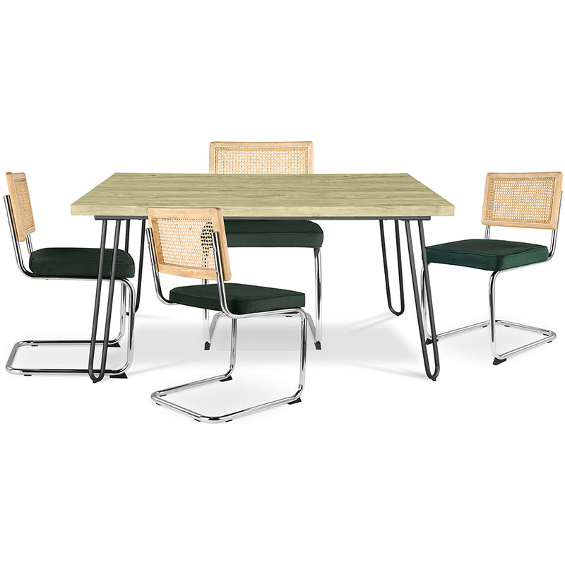 Pack Table à manger design industriel 120cm & 4 chaises à manger en rotin - tapisserie en velours - Martha