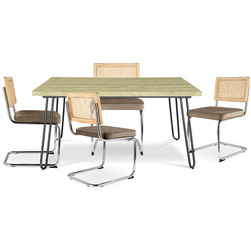 Pack Table à manger design industriel 120cm & 4 chaises à manger en rotin - tapisserie en velours - Martha