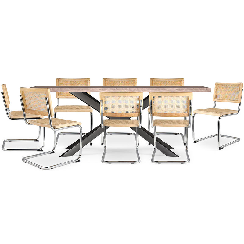 Pack Table à manger design en bois (200cm) & 8 Chaises à manger en rotin - Bruna
