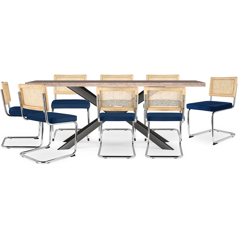 Pack Table à manger design en bois (200cm) & 8 Chaises à manger en rotin - Tapisserie en velours - Martha