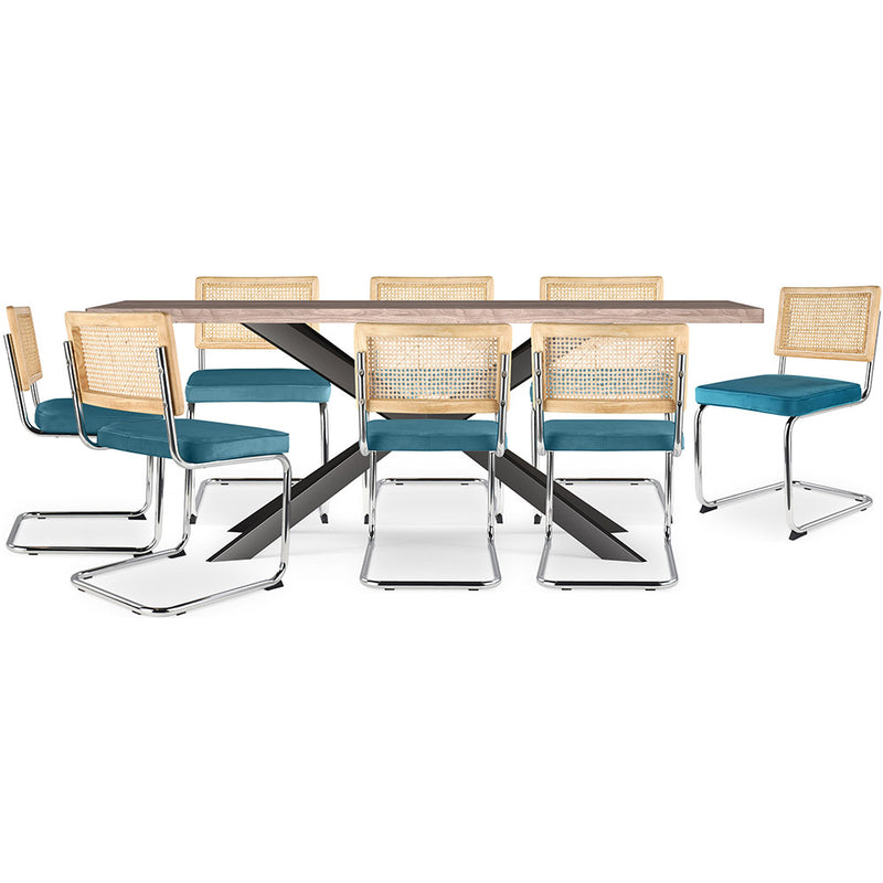 Pack Table à manger design en bois (200cm) & 8 Chaises à manger en rotin - Tapisserie en velours - Martha