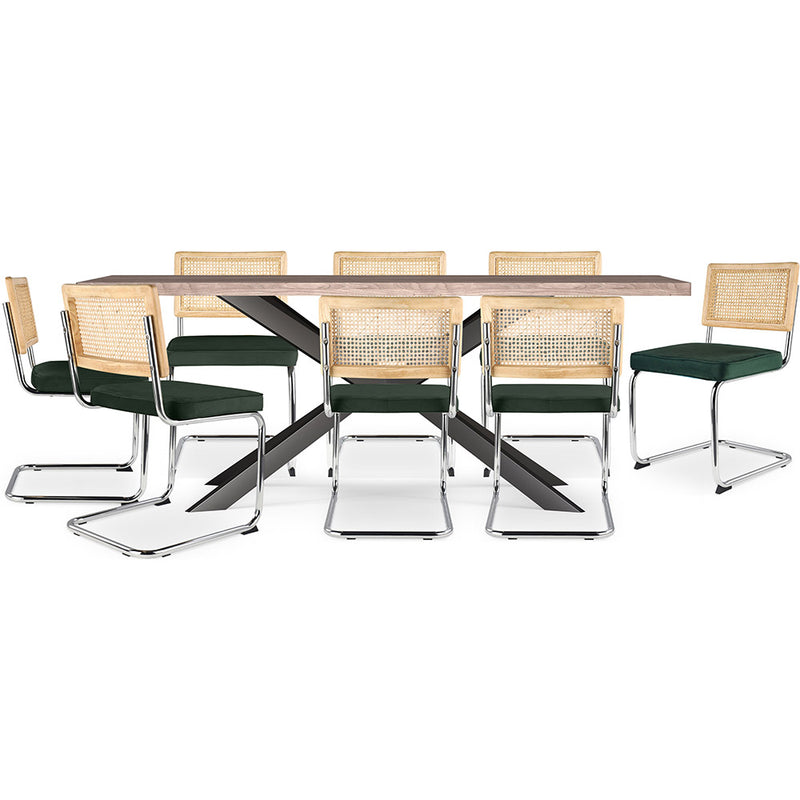 Pack Table à manger design en bois (200cm) & 8 Chaises à manger en rotin - Tapisserie en velours - Martha