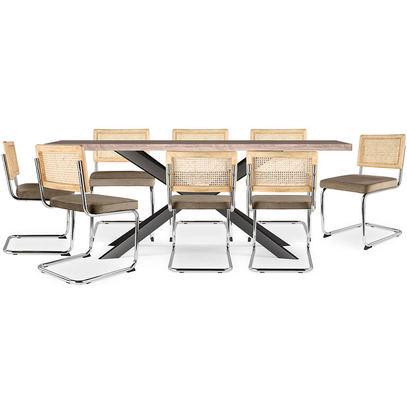 Pack Table à manger design en bois (200cm) & 8 Chaises à manger en rotin - Tapisserie en velours - Martha