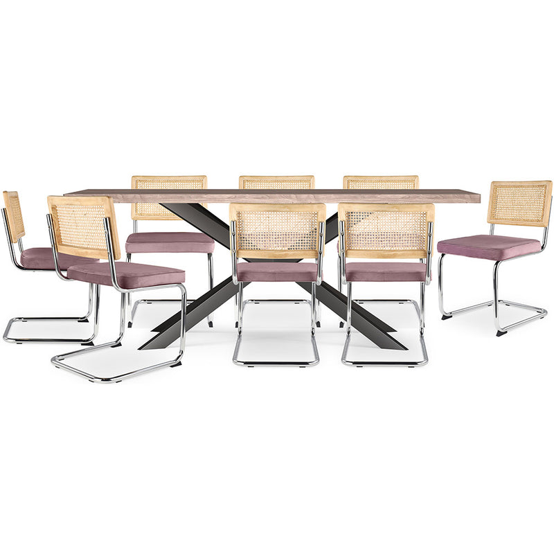 Pack Table à manger design en bois (200cm) & 8 Chaises à manger en rotin - Tapisserie en velours - Martha