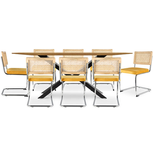 Pack Table à manger design en bois (220cm) & 8 chaises de salle à manger en rotin - tapisserie en velours - Martha
