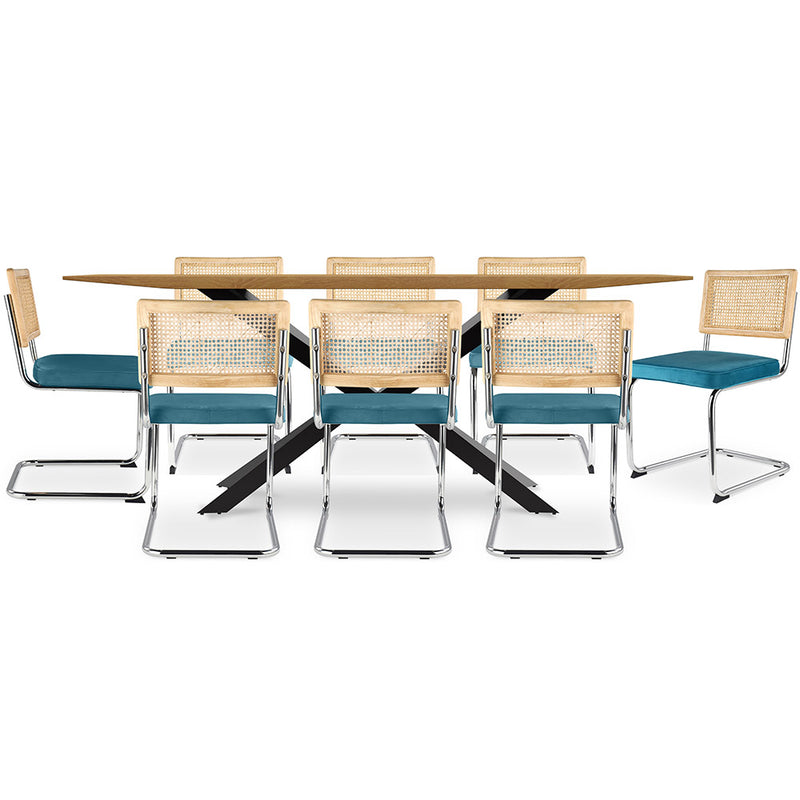 Pack Table à manger design en bois (220cm) & 8 chaises de salle à manger en rotin - tapisserie en velours - Martha