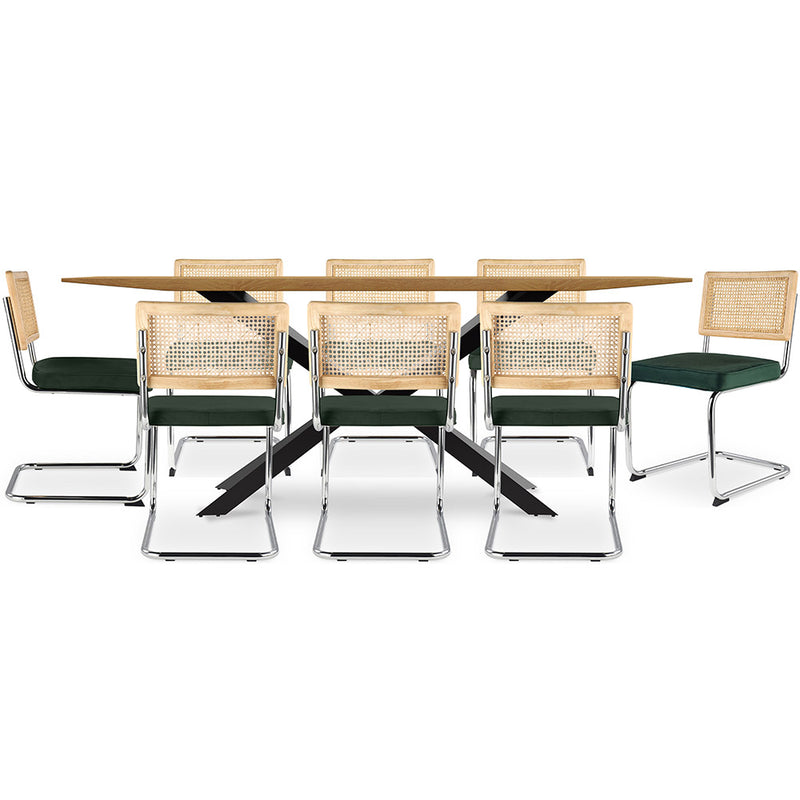 Pack Table à manger design en bois (220cm) & 8 chaises de salle à manger en rotin - tapisserie en velours - Martha