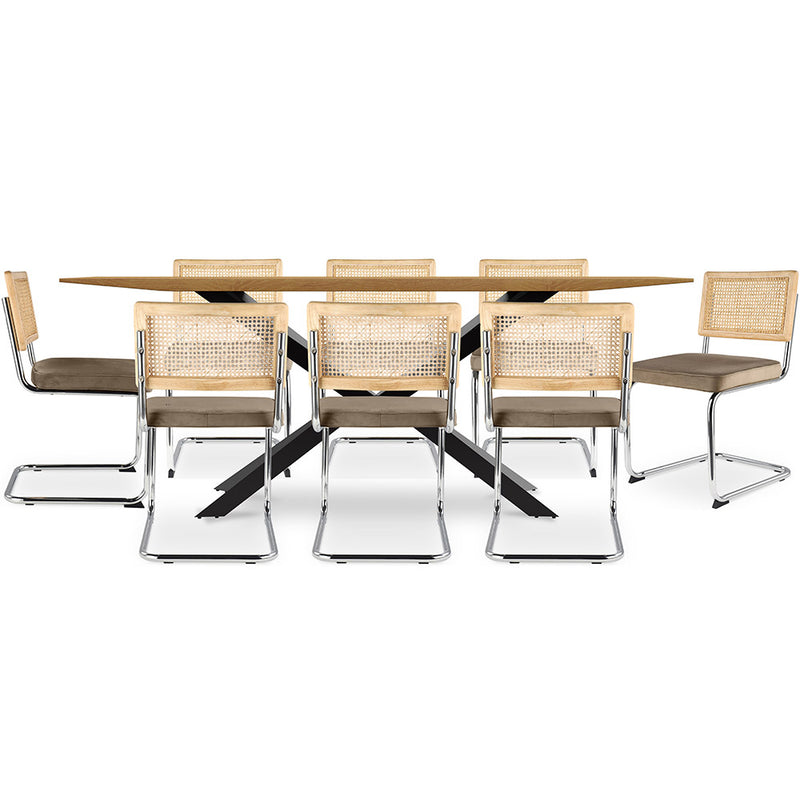 Pack Table à manger design en bois (220cm) & 8 chaises de salle à manger en rotin - tapisserie en velours - Martha