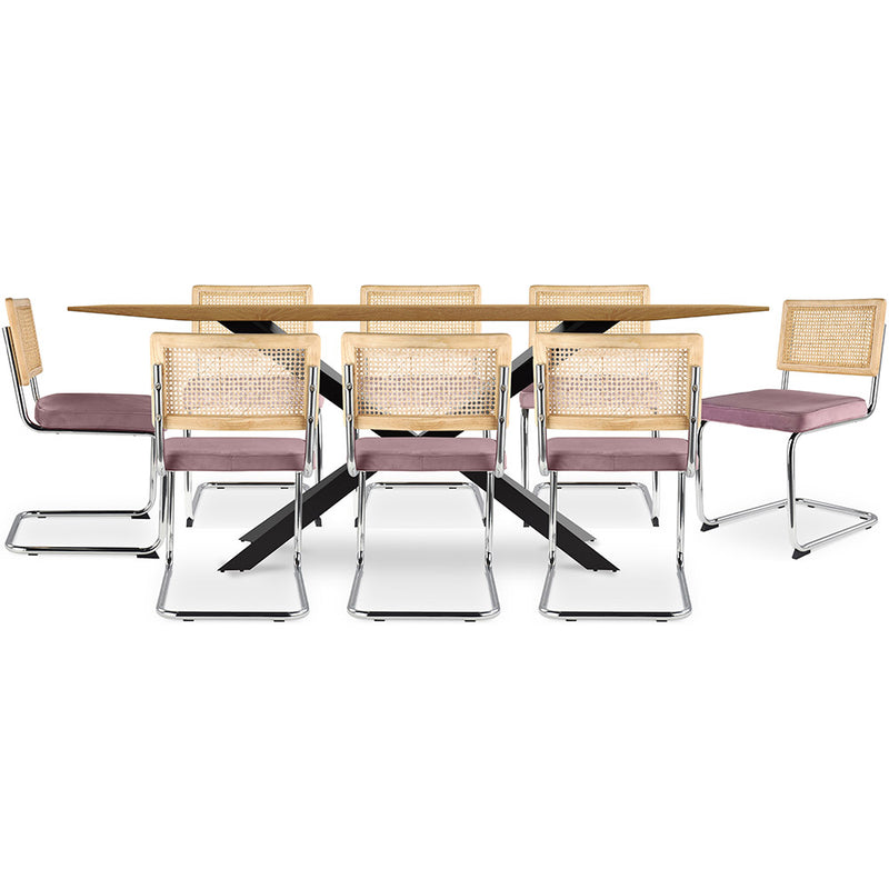 Pack Table à manger design en bois (220cm) & 8 chaises de salle à manger en rotin - tapisserie en velours - Martha