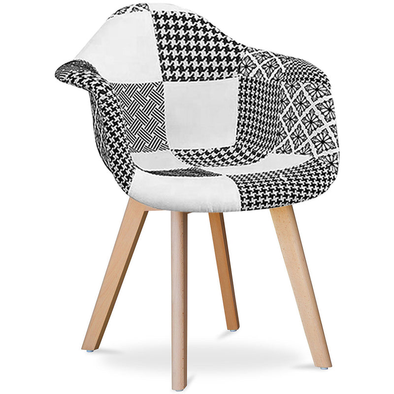 Chaise de Salle à Manger avec Accoudoirs - Tapissée en Patchwork - Blanc et Noir - Dominic