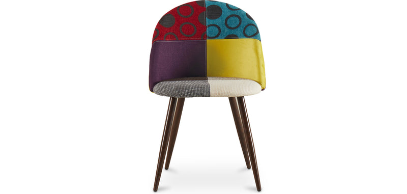 Cadeira de jantar estofada em patchwork, design escandinavo retro, pernas de madeira escura - Evelyne Ray