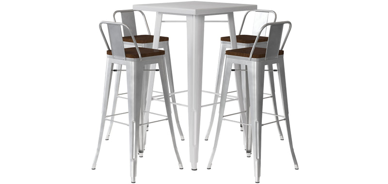 Silbernes Tischset und 4 Barhocker mit Rückenlehne - Industrielles Design - Bistrot Stylix