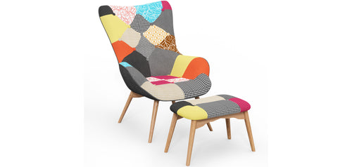 Armchair with Footrest - Patchwork Fabric Upholstery - Kontur