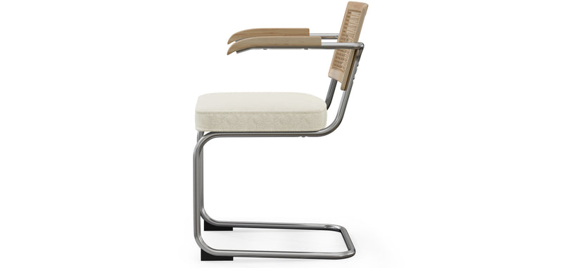 Chaise de salle à manger avec accoudoirs En Bouclette Fausse Fourrure Tapissée - Boucles Blanches- Bois et rotin - Birey